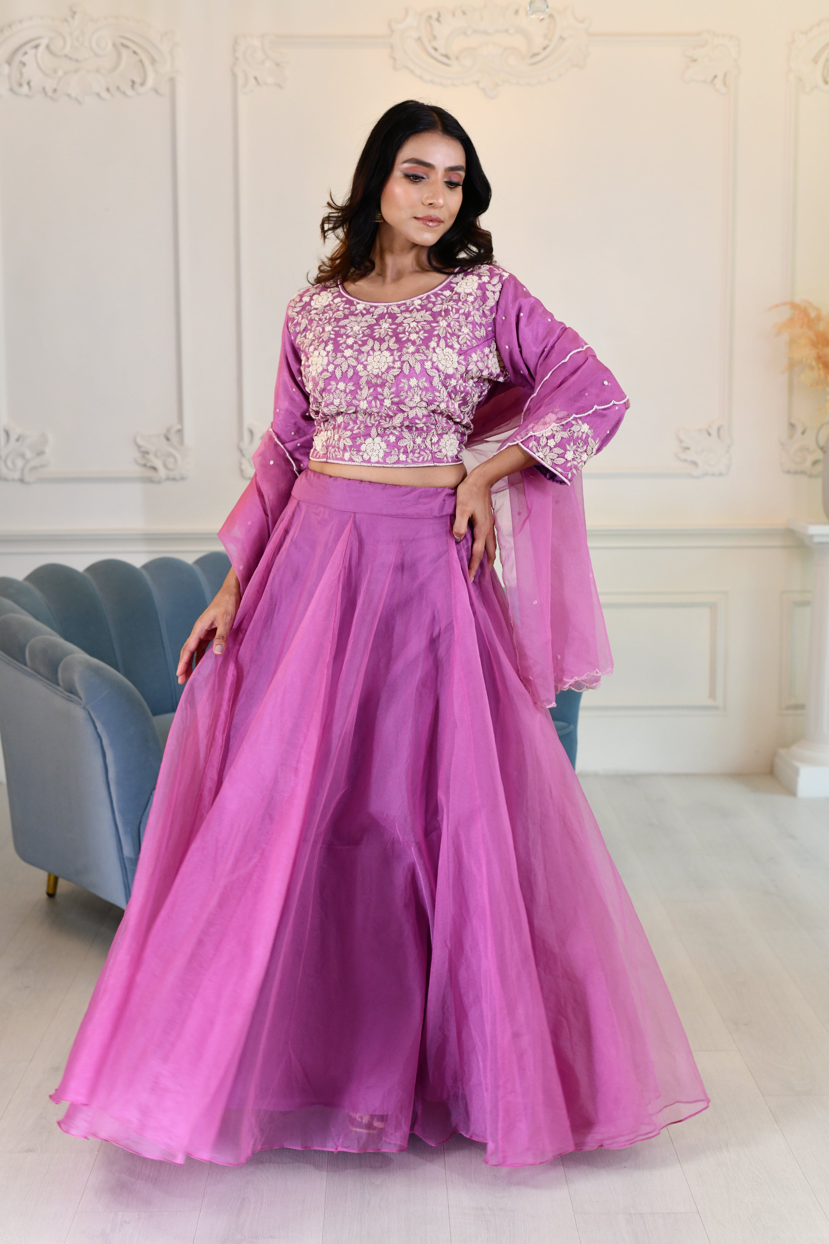 Lilac Silk Organza Lehenga