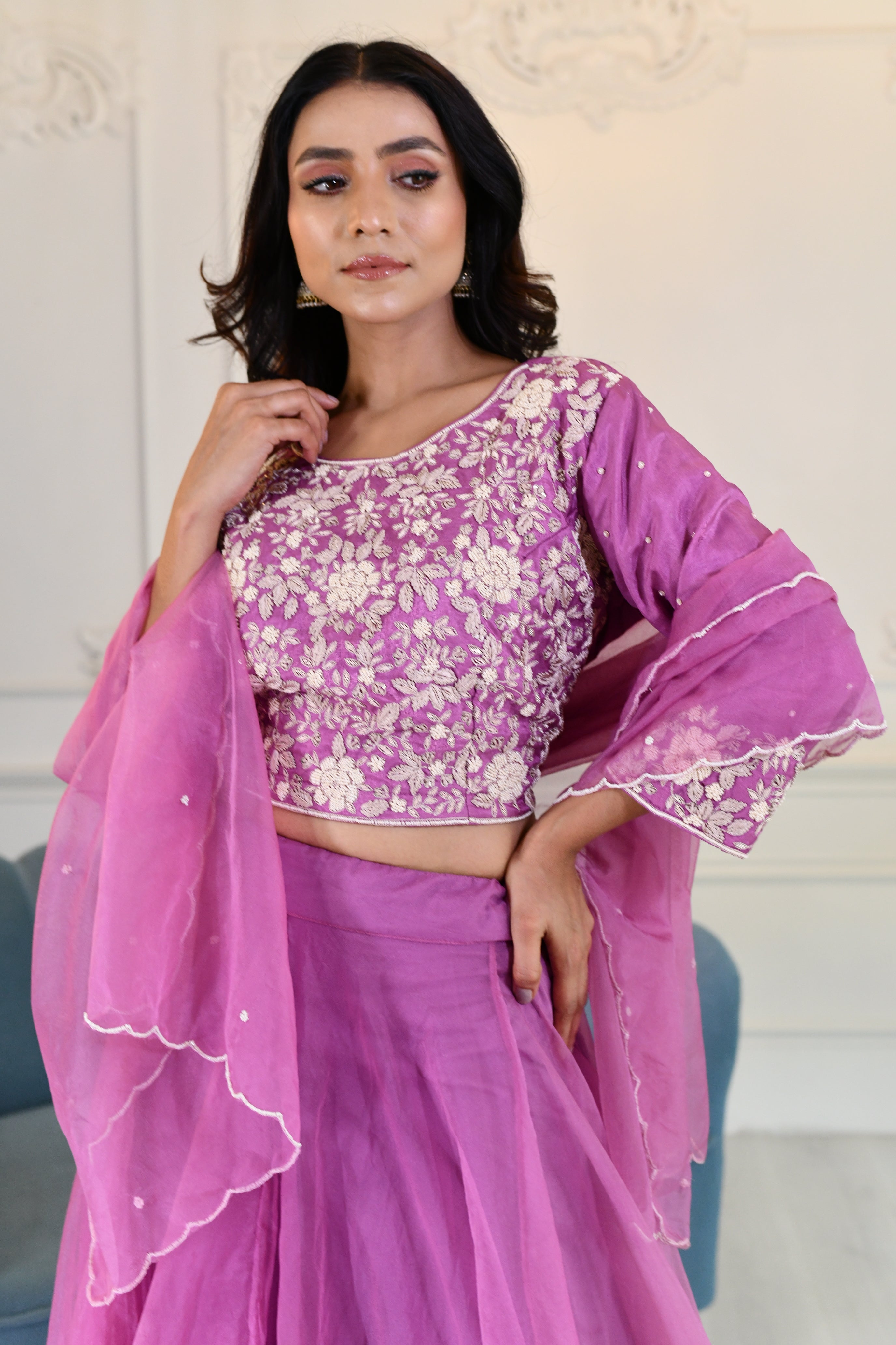 Lilac Silk Organza Lehenga