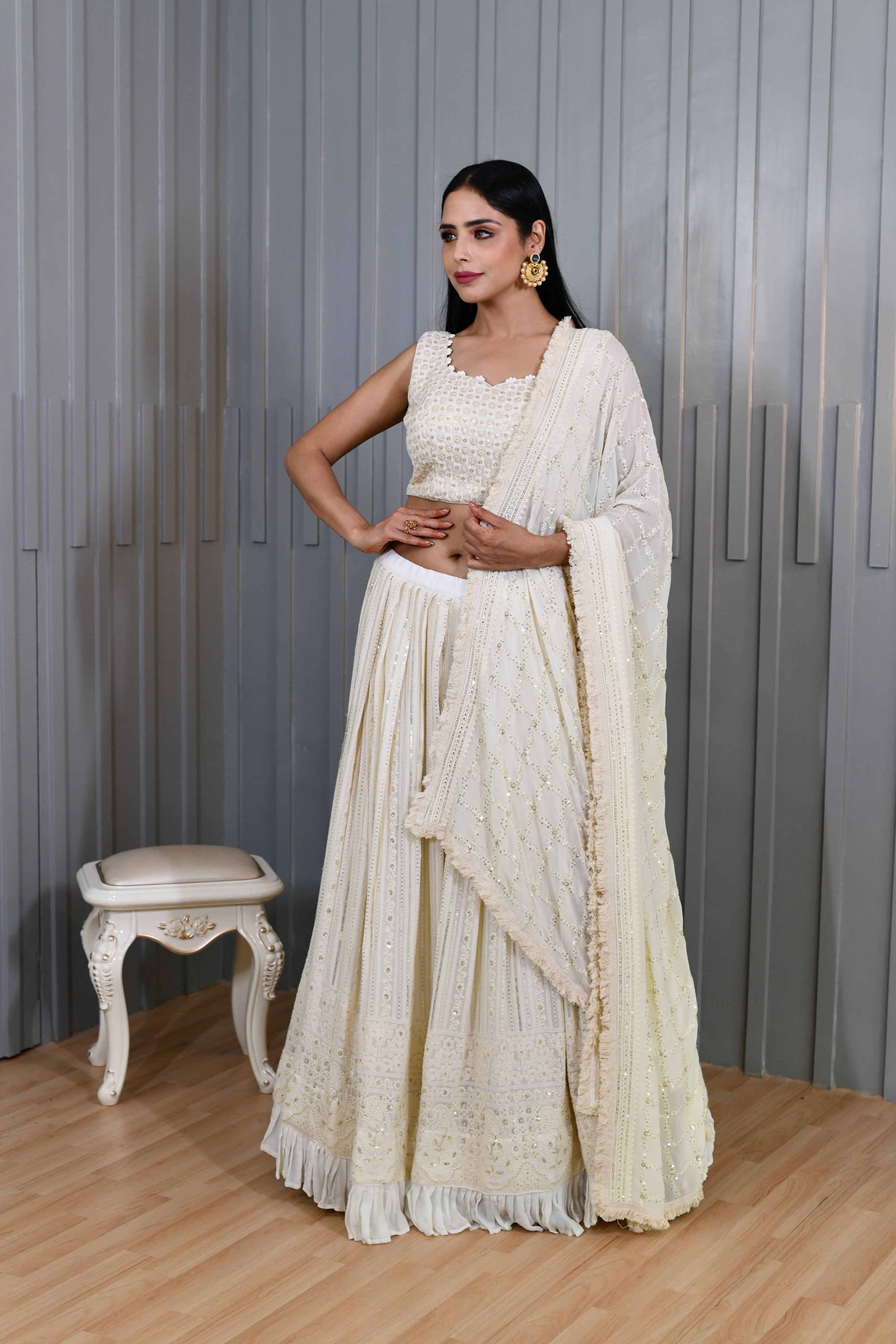 Cream Georgette Lehenga