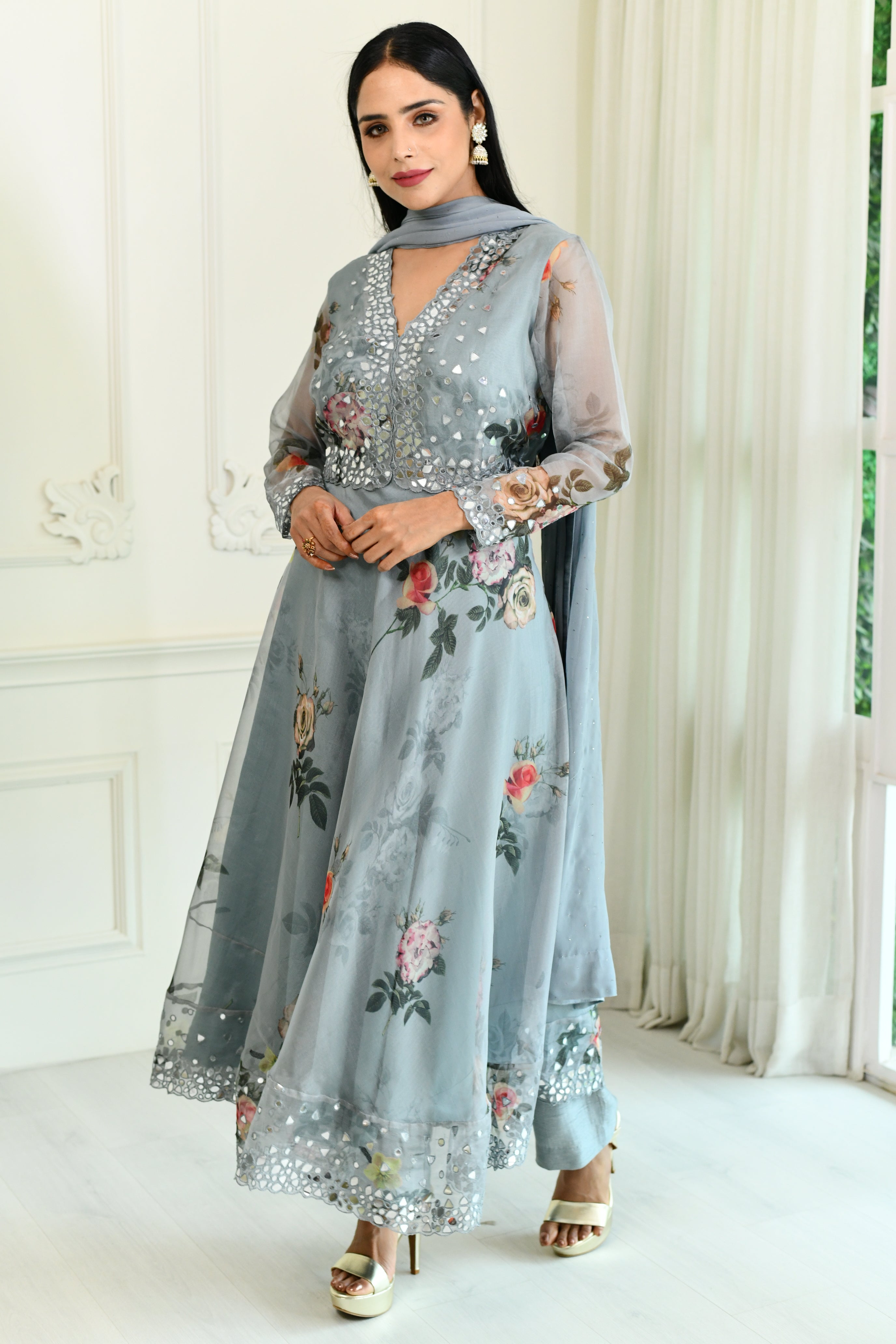 Grey Organza Anarkali Suit Set