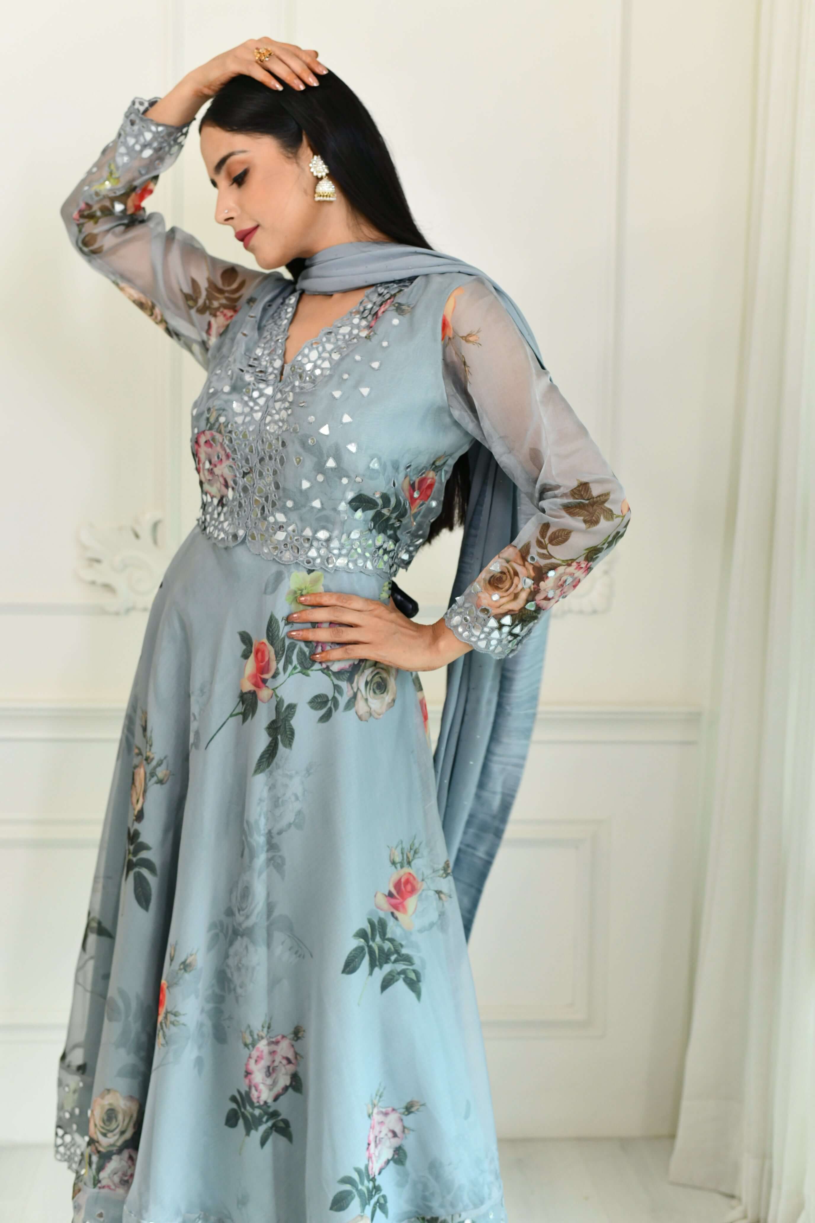 Grey Organza Anarkali Suit Set