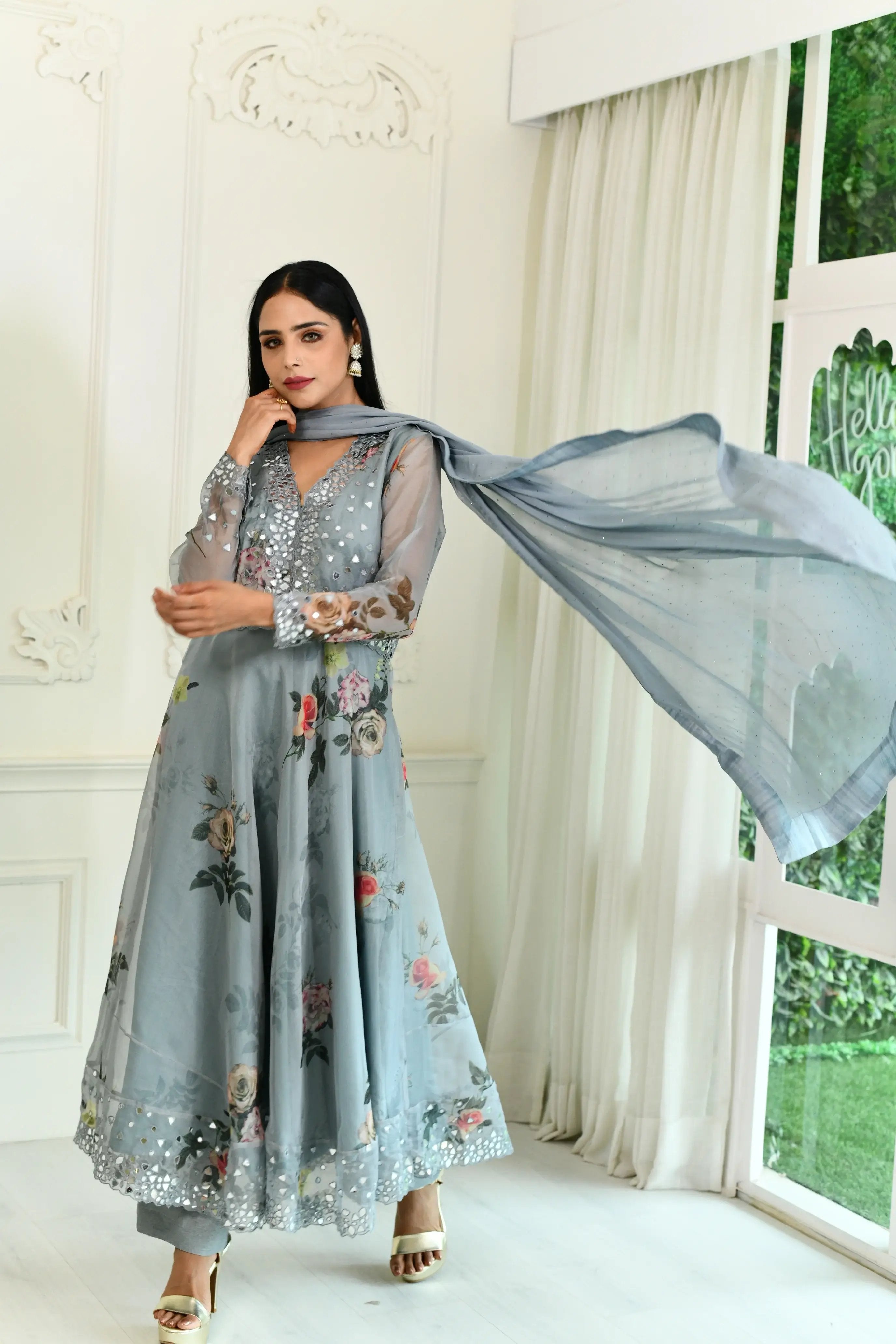 Grey Organza Anarkali Suit Set