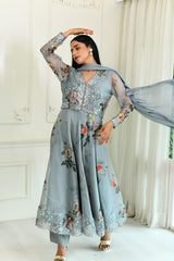 Grey Organza Anarkali Suit Set