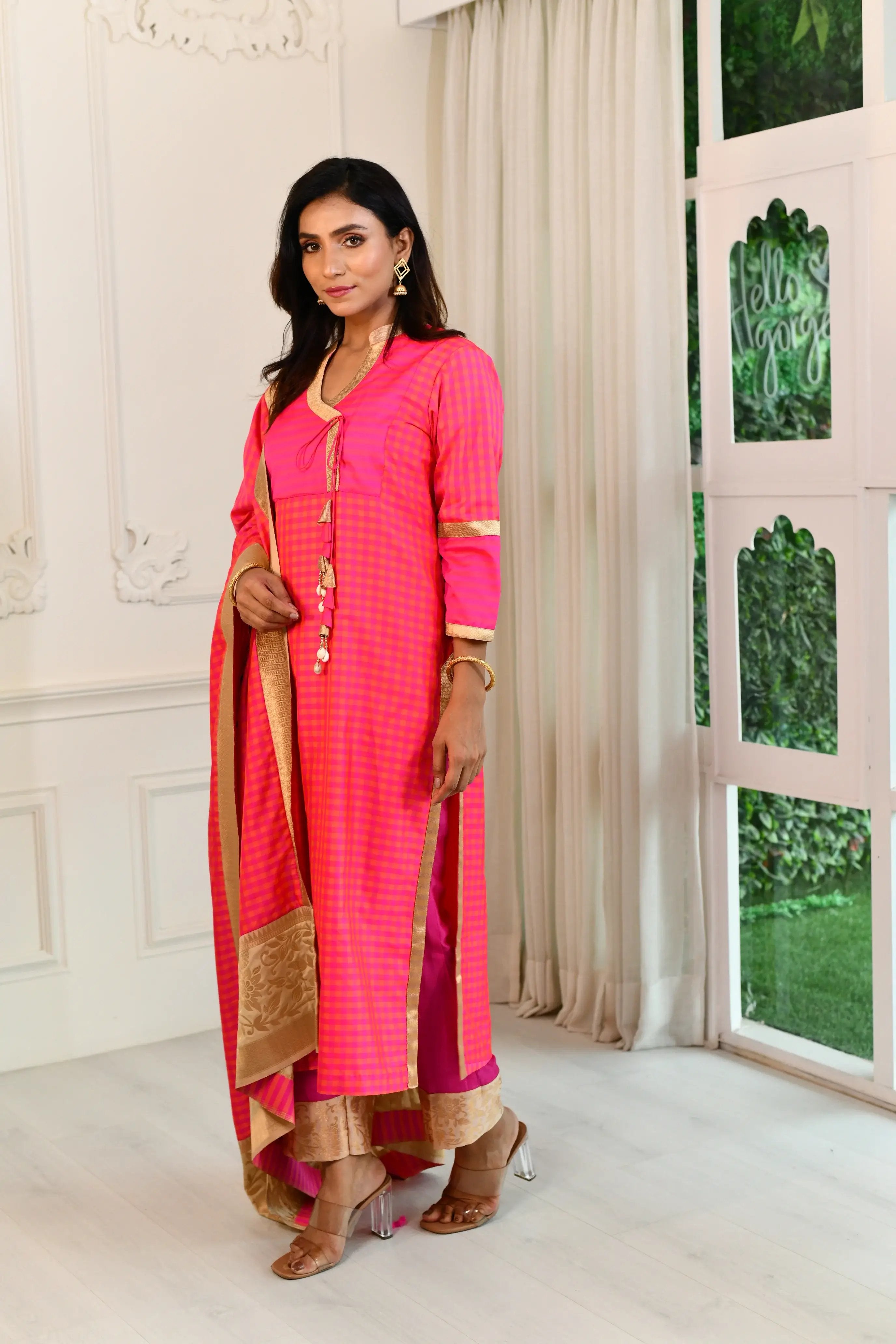 Fuschia-Orange Straight Suit Set