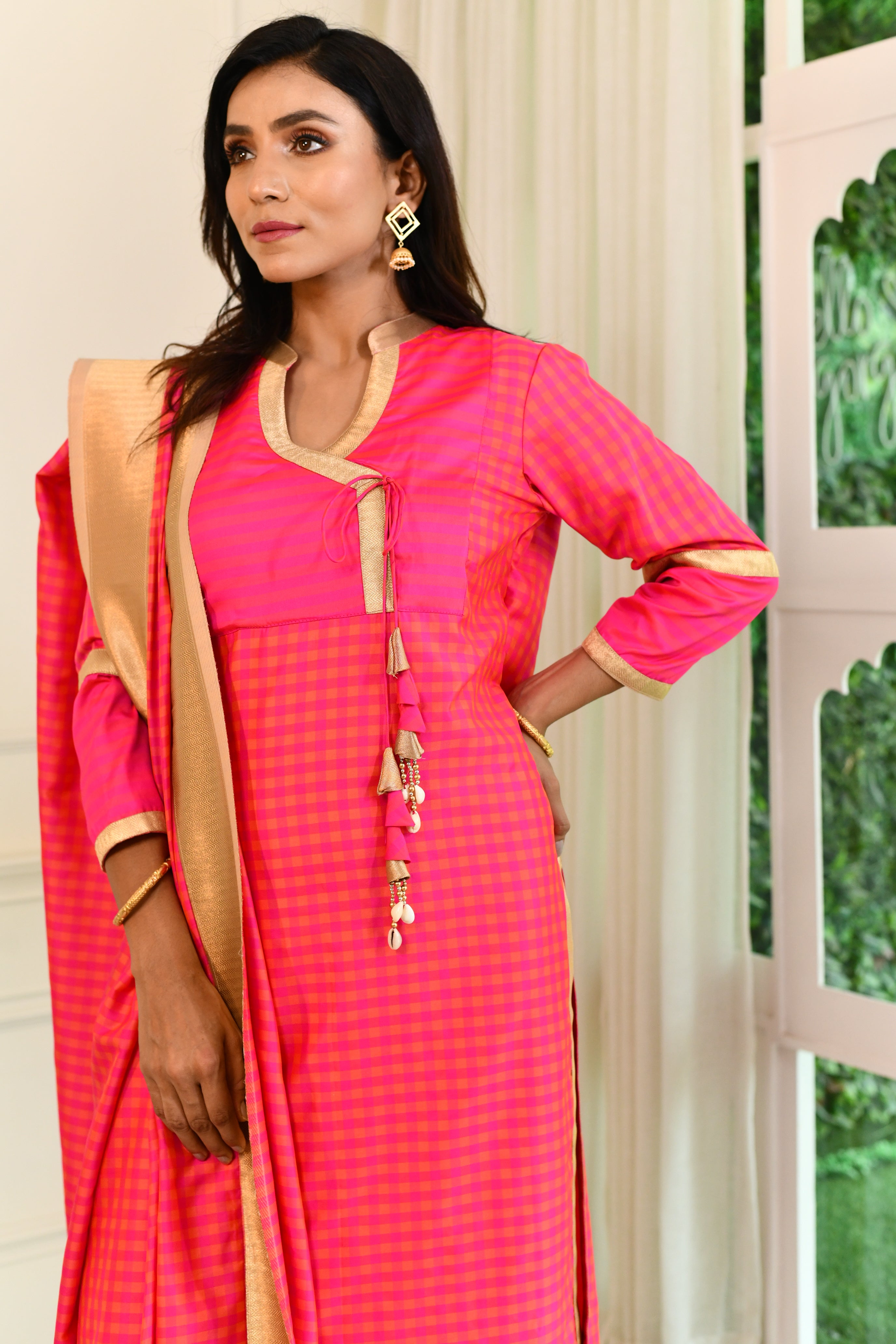 Fuschia-Orange Straight Suit Set