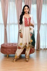 White Short Anarkali with Pants and Dupatta