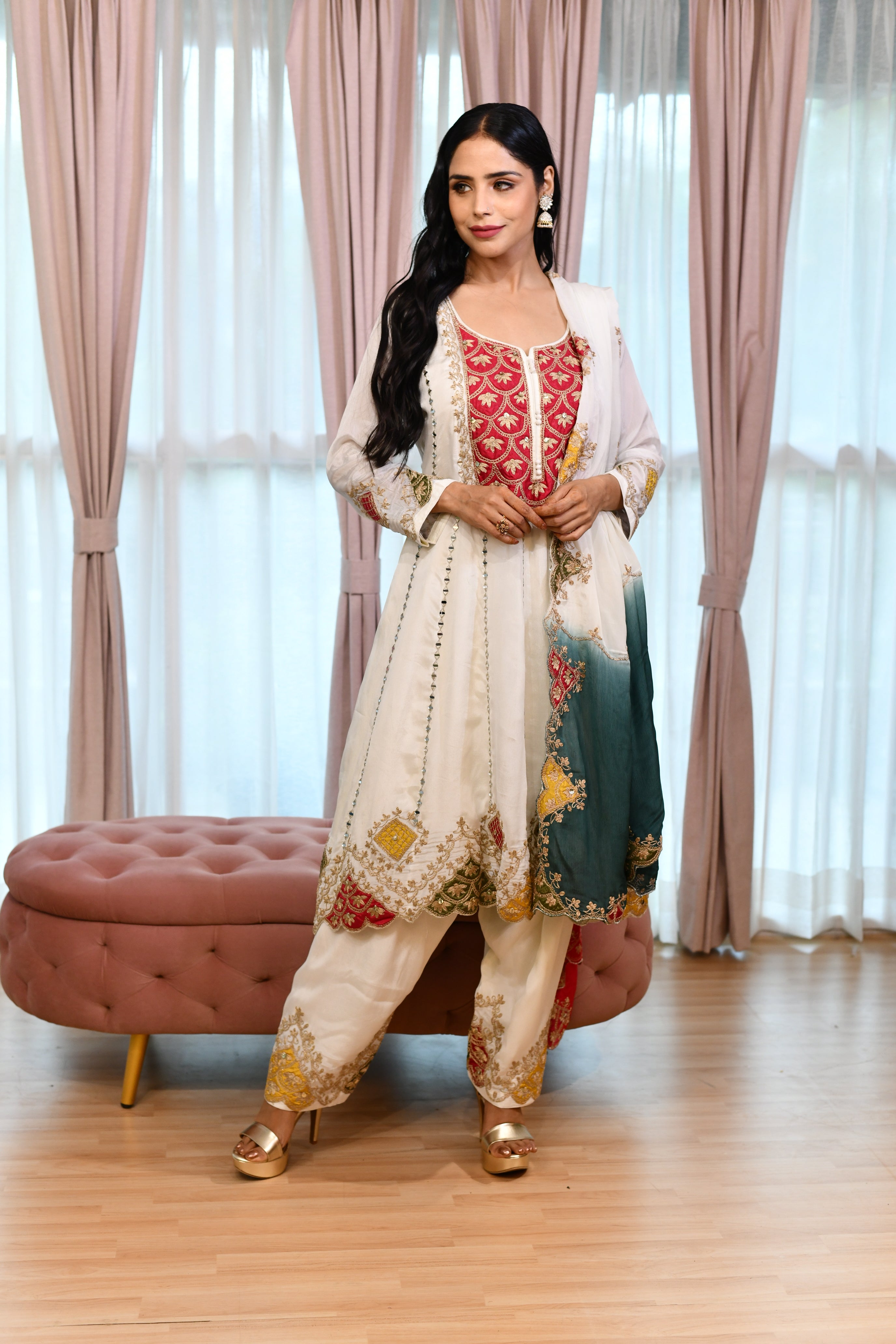 White Short Anarkali with Pants and Dupatta