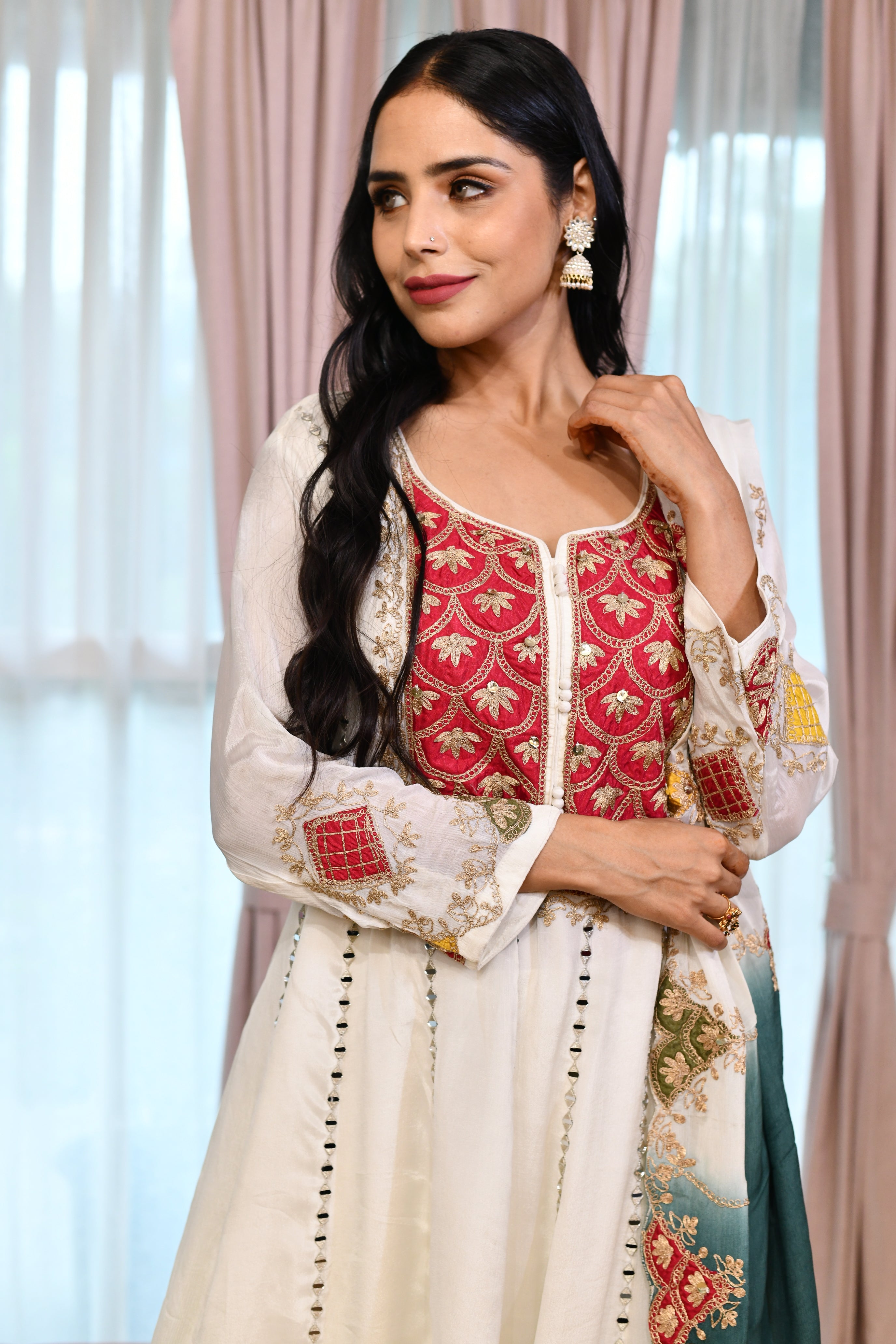 White Short Anarkali with Pants and Dupatta