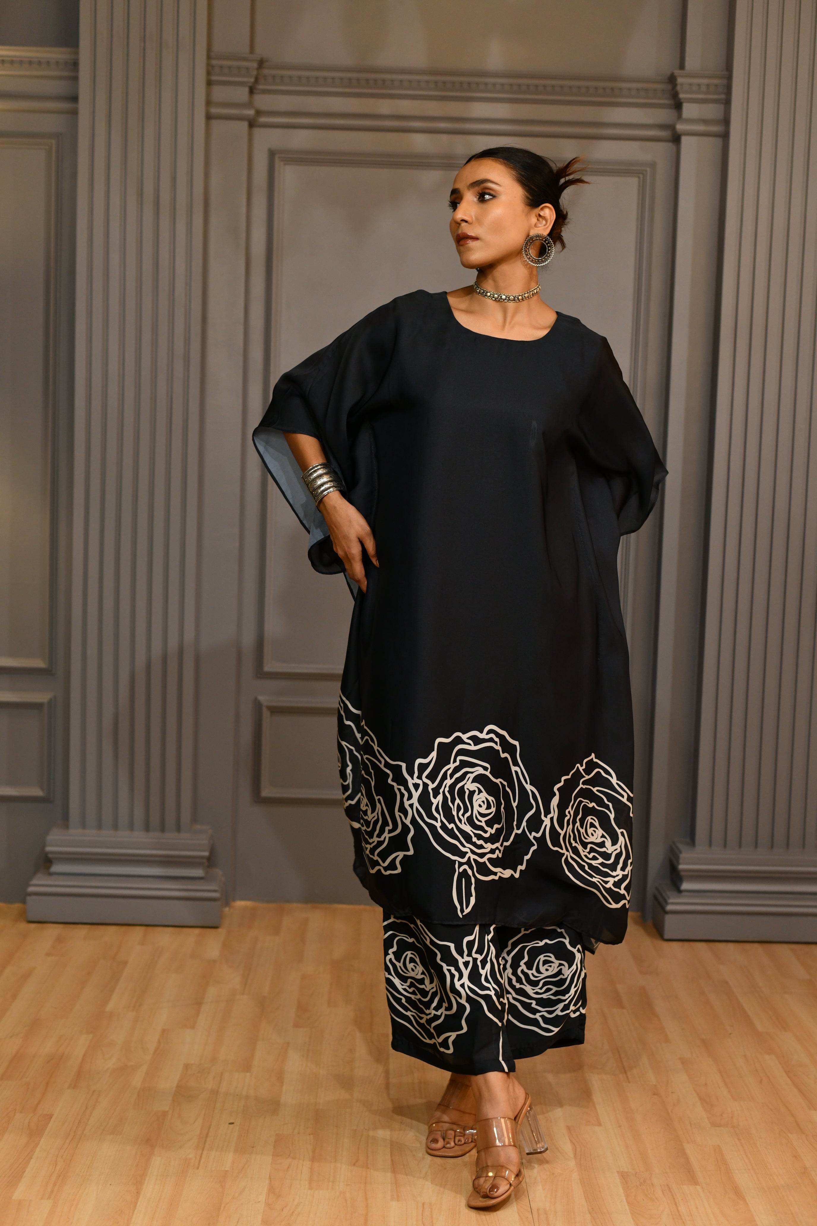 Black Kaftan Style Silk Coord Set